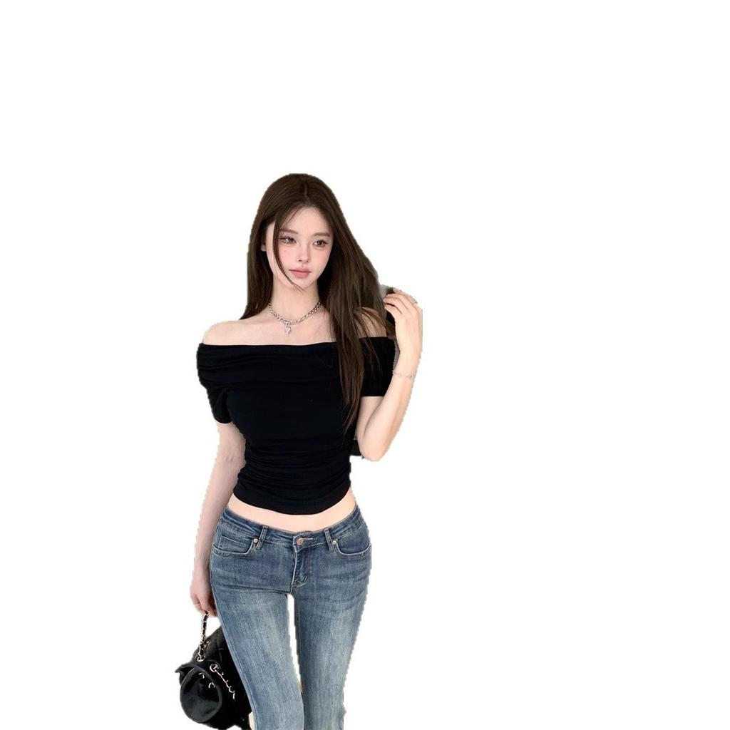 One-word Shoulder Short-sleeved T-shirt Women's Summer Sexy Babes Chic Slim-fitting Waist Short Temperament Versatile Top