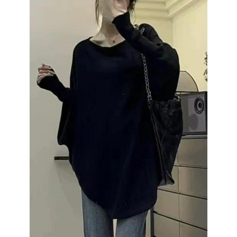 Осенний ленивый стиль, асимметричный однотонный диагональный свитер, женский свободный свитер с открытыми плечами и длинными рукавами, женский топ One size чёрный