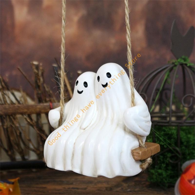 Romantics Ghostly Couple Swing Ornament Resins Halloween Garden Decors Indoor and Outdoor Weather Resistant Hanging Art 55KF
