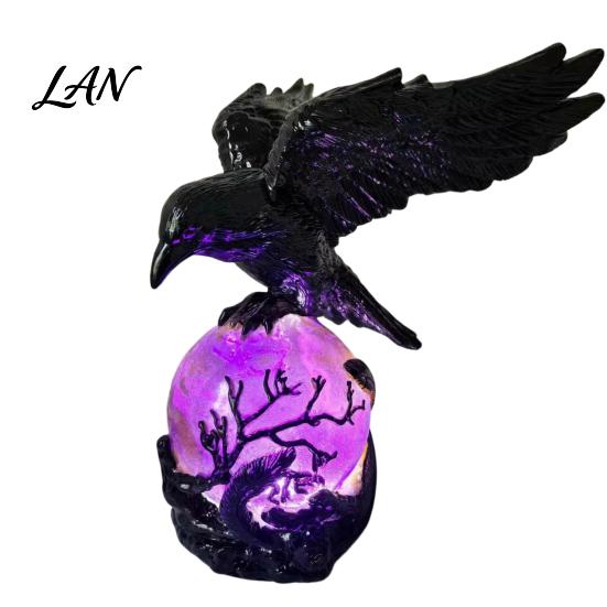 Dark Academia Decor Gothic Raven LED Ball Lamp, Mysterious Crow On Orb Sculpture, Artistic Bird Lamp Halloween Decorative Table for Bedside