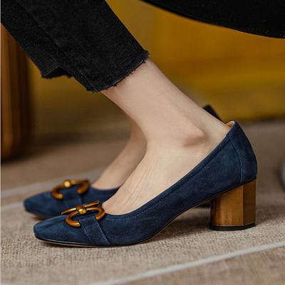 Retro Square Toe Shallow Mouth Shoes Women 'S New Spring Women 'S Shoes French Horsebit High Heels Women 'S Thick Heels