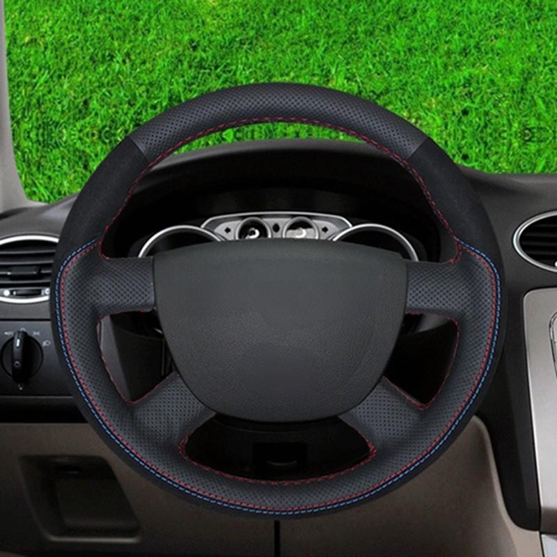 GNUPME DIY Customized Name Hand-Stitched Black Genuine Leather Car Steering Wheel Cover for Ford Focus Kuga Mondeo Edge
