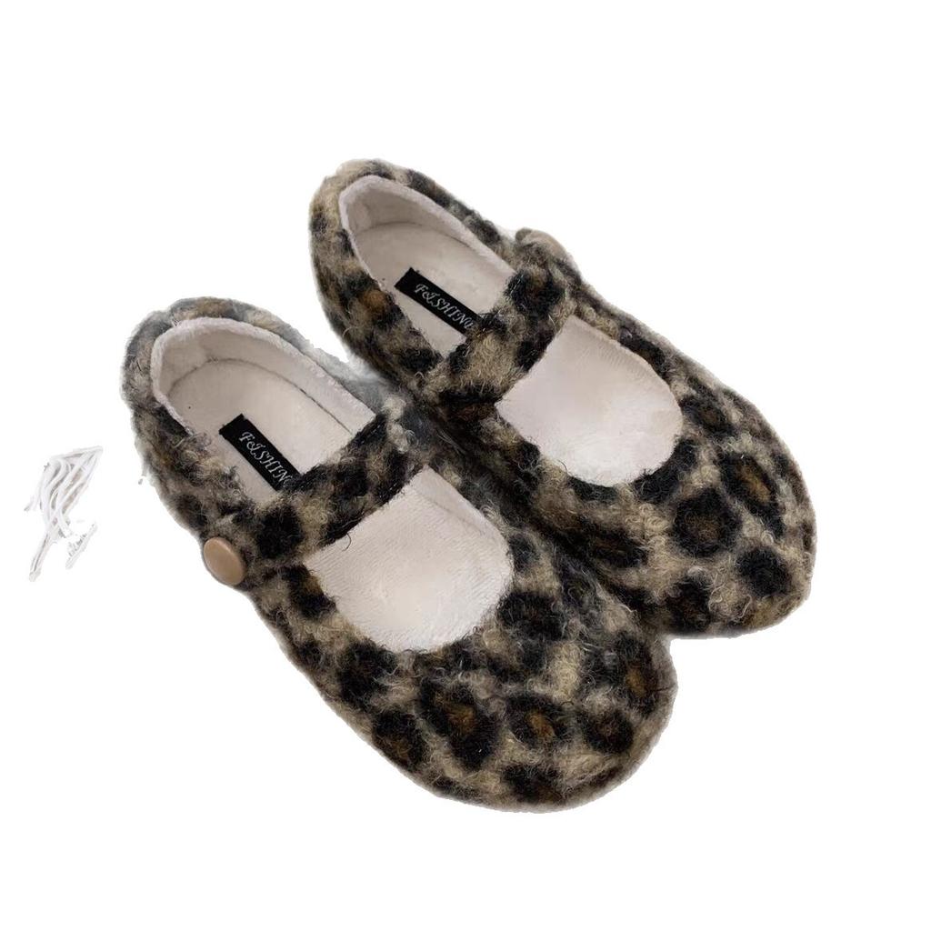 Grey Woolen Inner Height-increasing Fluffy Shoes for Women's Winter Wear 2025 New Warm and Velvet Flat-bottomed Mary Jane Cotton Single Shoes