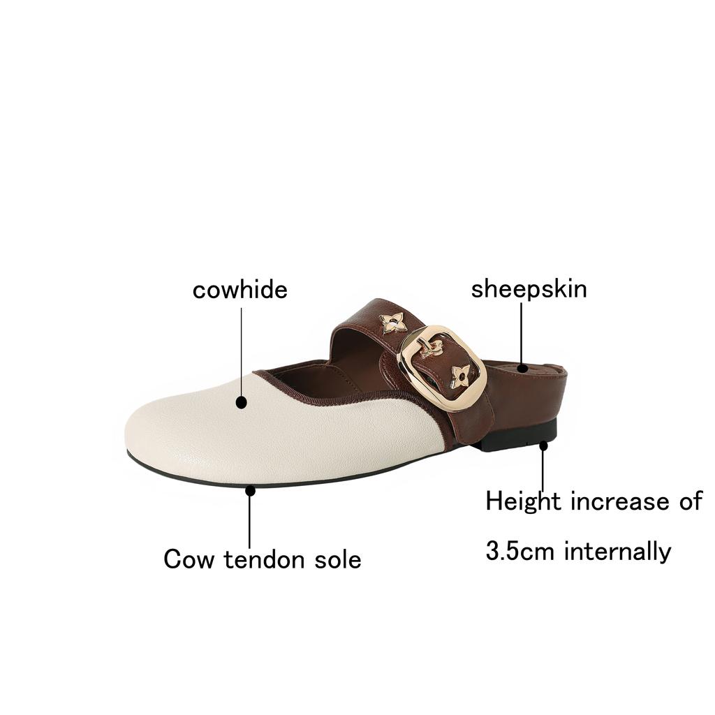 Fashion Women's new leather cowhide round head metal belt buckle with raised middle heel and toe cover, Mueller slippers