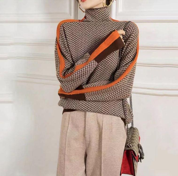 Pull Rétro en Cachemire pour Femme - Coupe Ample, Col Montant, Couleur Contrastée, Automne/Hiver