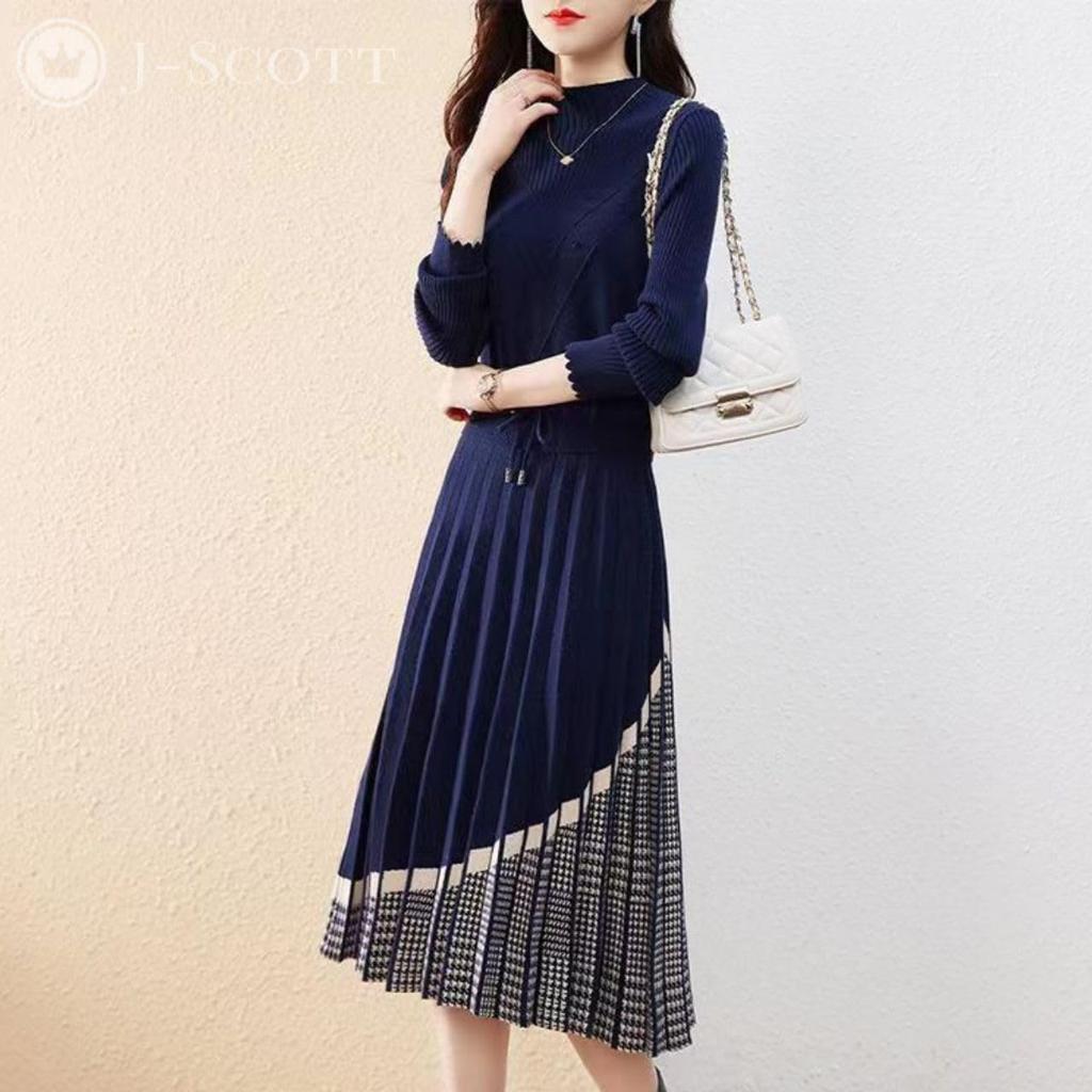 Pleated Glen Plaid Knit Midi Fit Boat J-Scott Women's Dress, Length, & Flare, Neck, Navy, JS161-NV-M