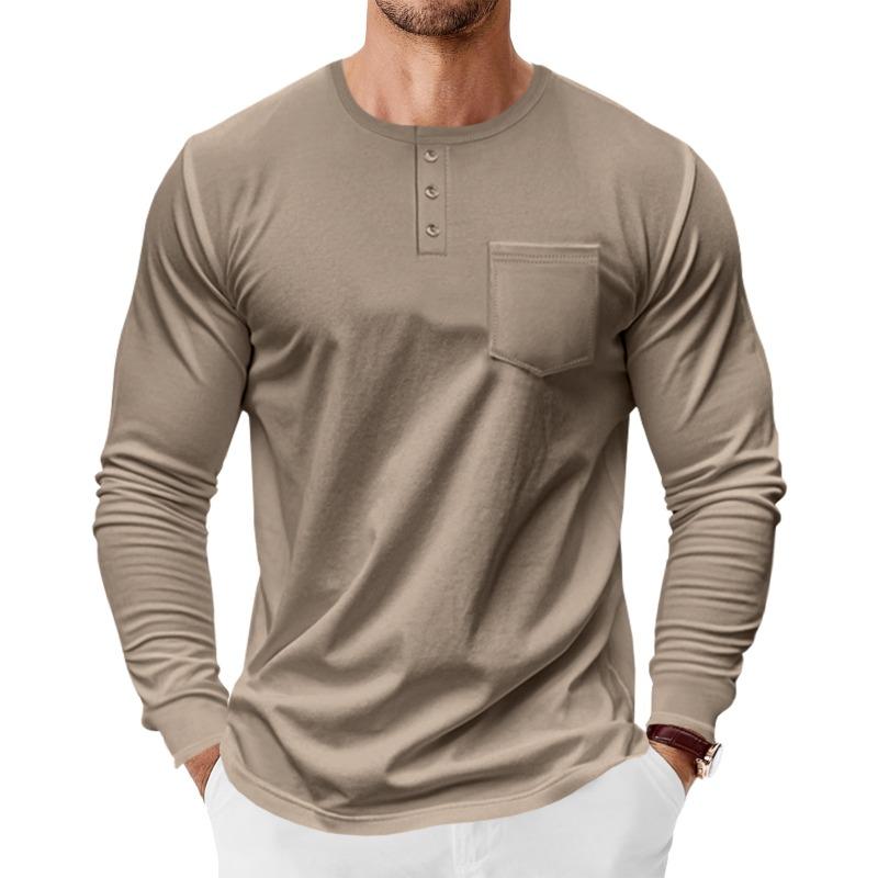 Mens Long Sleeve Henley Shirt Loose Fit Pocket Tee For Spring Autumn