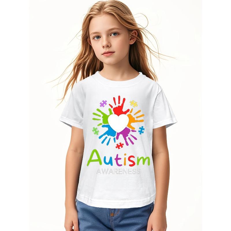 European Size Childrens Autism Awareness T Shirt Suitable for Boys and Girls Puzzle Pieces and Rainbow Handprint Design Short Sleeved Casual Shirt