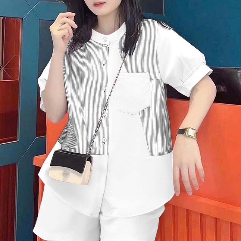 

ZANZEA Женская блузка с коротким рукавом в полоску и шорты Летние комплекты из двух предметов S белый