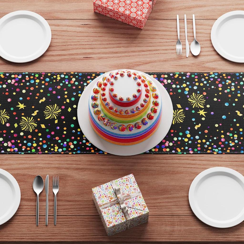 XCHI Colorful Happy Birthday Confetti Firework Table Runner Burlap Table Decoration for Home Kitchen Dining Dinner Indoor Holiday Party Farmhouse