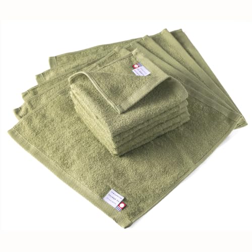 oruTa Imabari Hand Towel, Set of 10, Natural, Made in Japan, Thin, Absorbent, Quick Drying, 100% Cotton, 30x31cm, Khaki