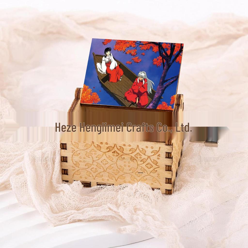 Hand-Painted Wooden Inuyasha Music Box - Hand-Crank Mini Box Gift for Kids