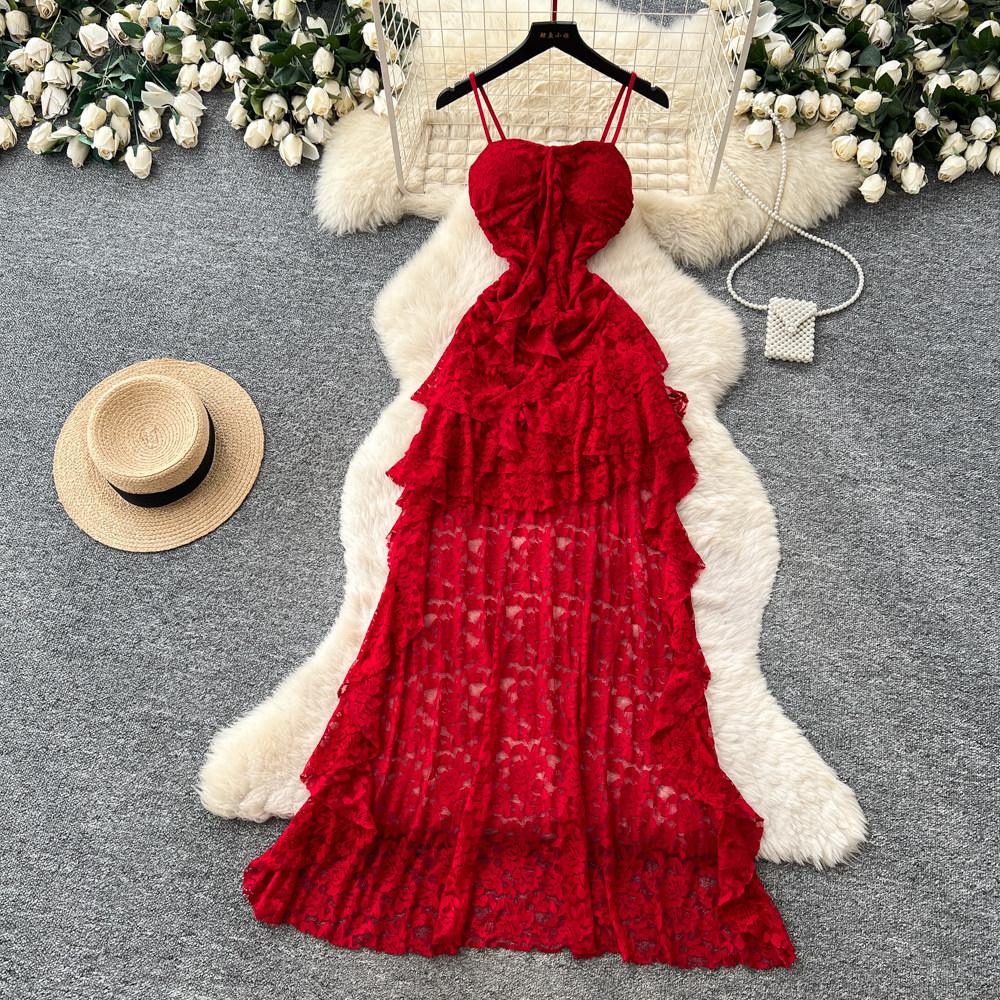 French Romantic Style Irregular Lace Suspender Dress Women's Summer Pure Desire Wind Lotus Leaf Edge Waist Thin A-shaped Skirt