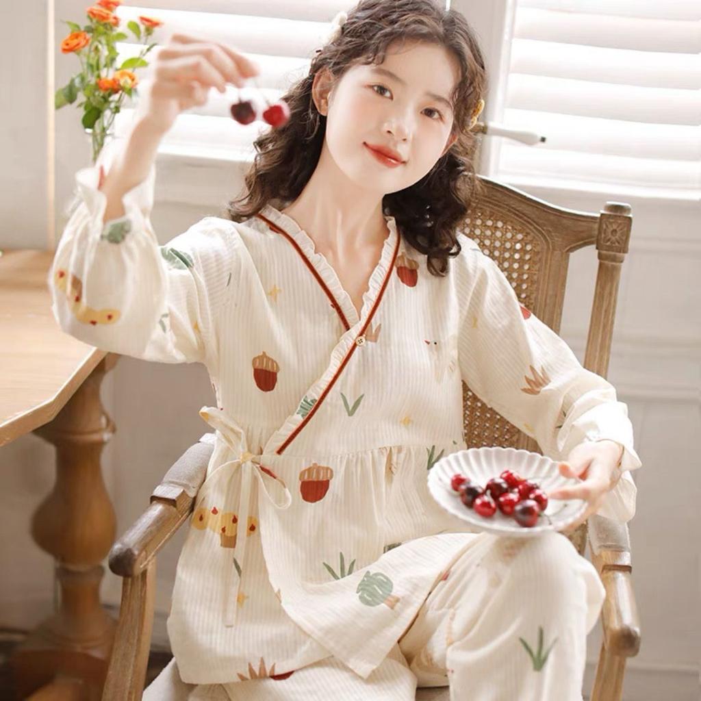 Süße japanische Prinzessin bestickte Heimkleidung Damen-Schlafanzug Langarm Frühling Herbst Reine Baumwollgaze Dünnes Loungewear-Set