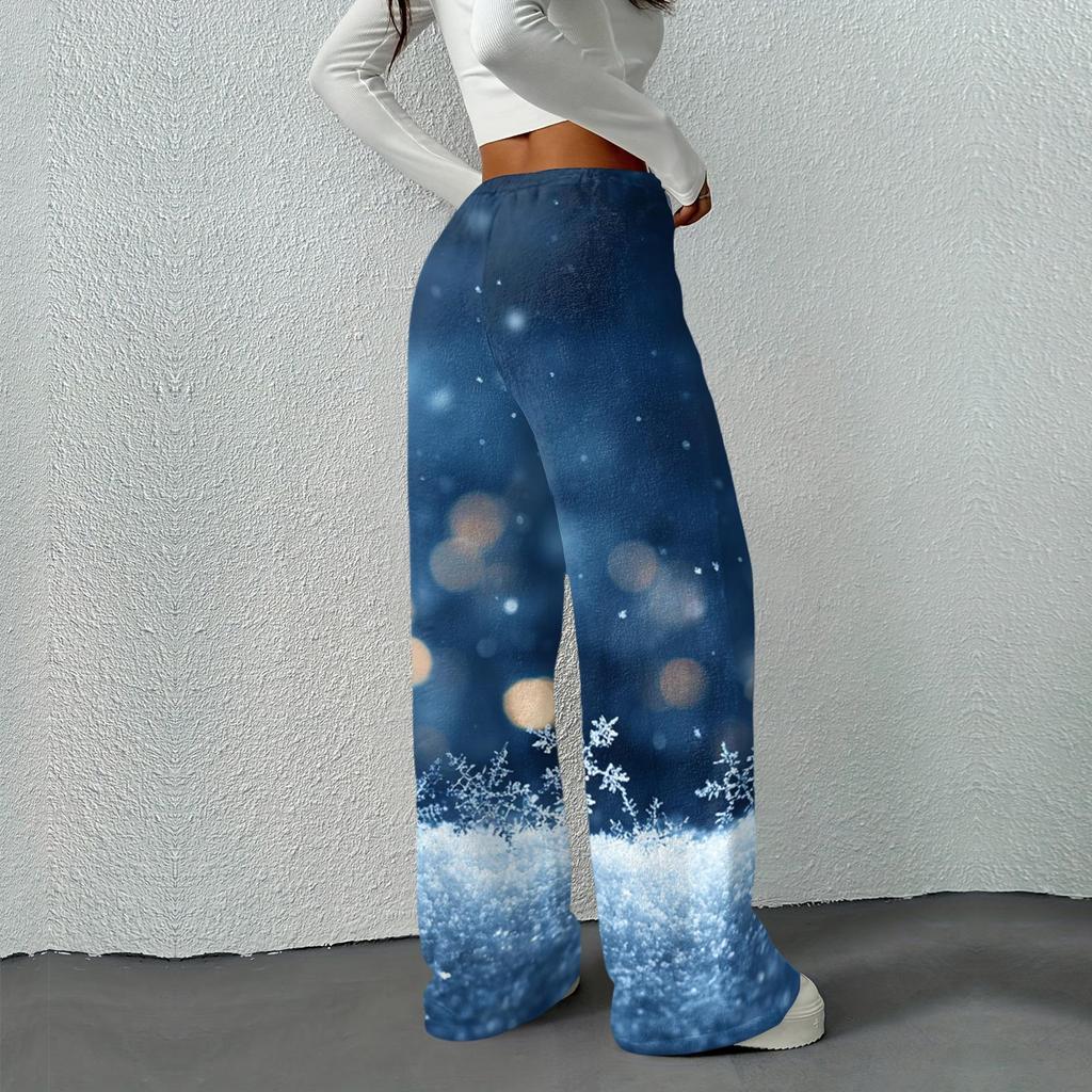 Women's Casual Christmas Print -Lined Loose Fit Straight Leg Pants with and Elastic Waist for Winter