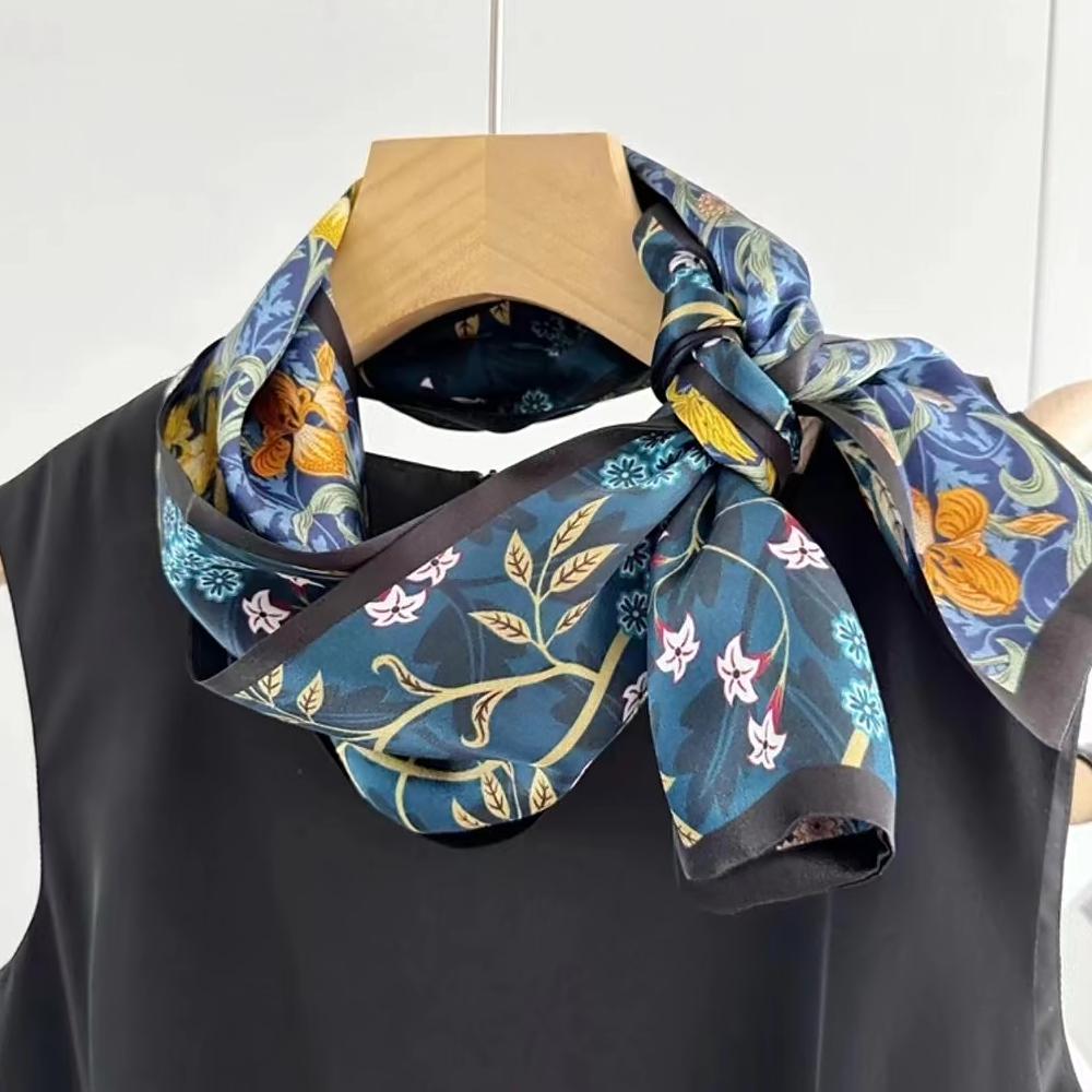 Bysifa|New Blue Yellow Long 100% Mulberry Silk Scarf Headband Spring Summer Fashion Floral Silk Ribbons Scarves Floulard Printed