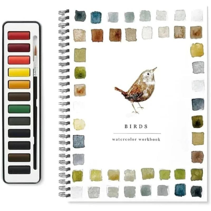 Watercolor Painting Kit with Paint Brushes and 12 Colors of Paint Spiral-Bound Pages Water Coloring Books Art Draw Sketch Books