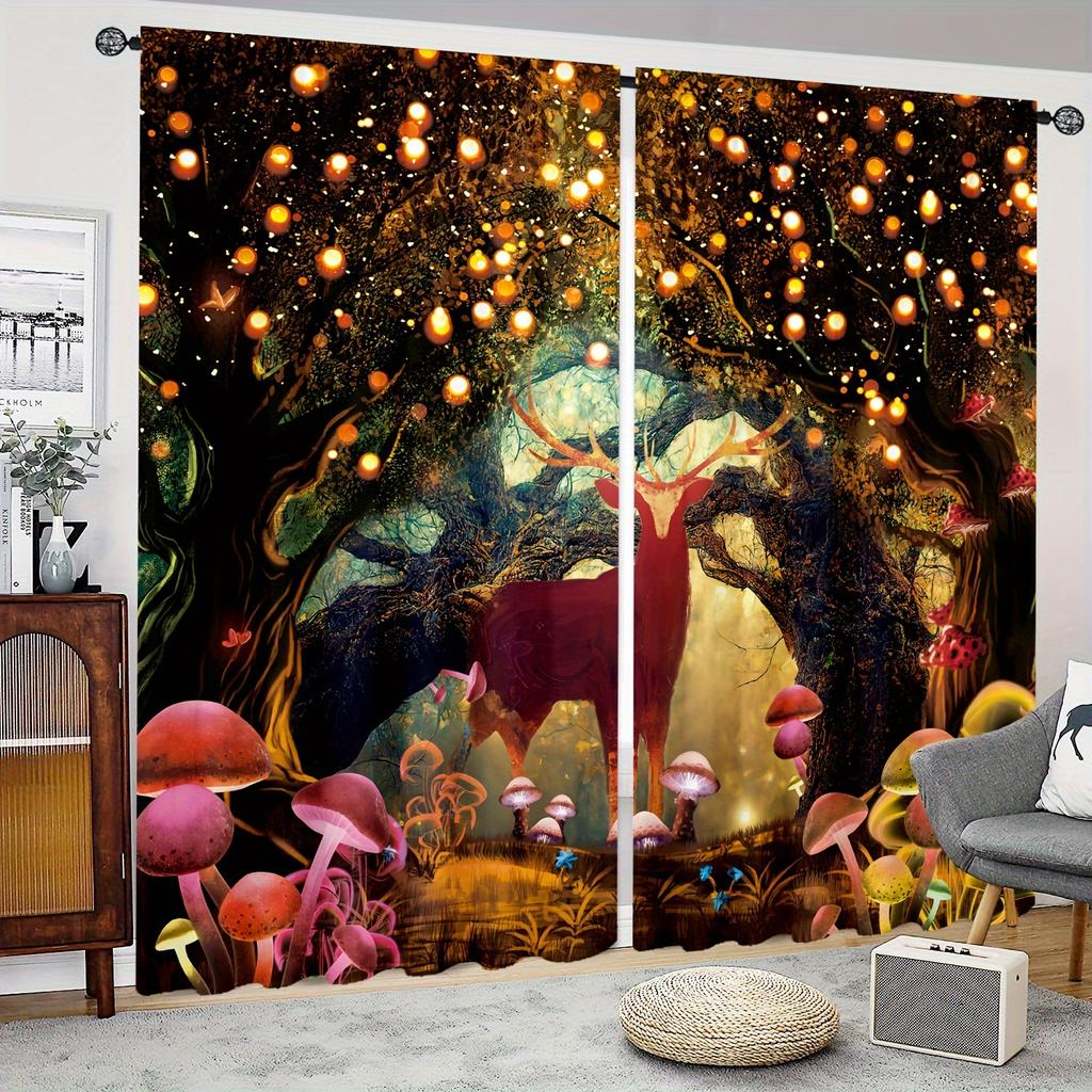 Elk Curtain Symbol Fortune Lucky Digital Print 3D Curtain Living Room Window Kitchen Curtain Bathroom Curtain Grommet Top 2PCS