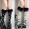 Cotton Knee Length Socks for Women Ruffle Lace Top Grunge Skull Music Note Print Stockings for Dance and Everyday Use
