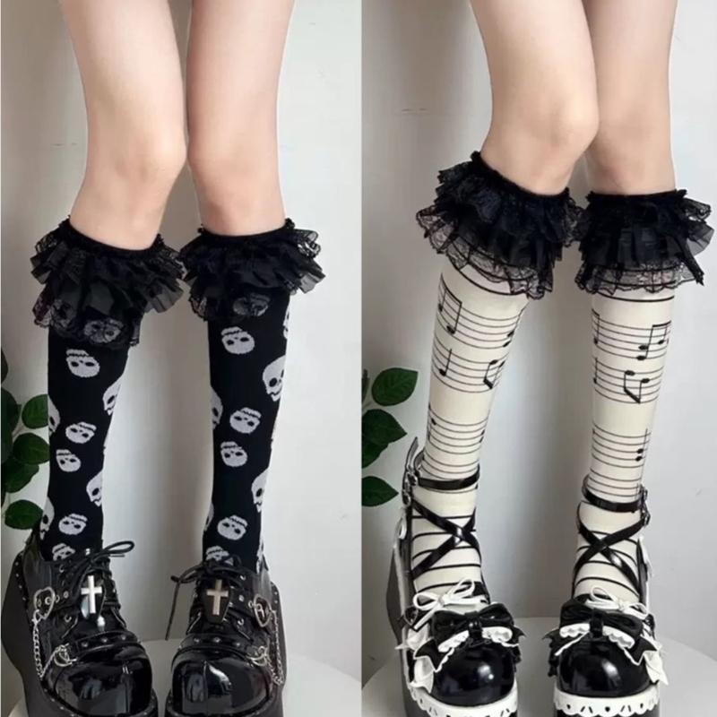 Cotton Knee Length Socks for Women Ruffle Lace Top Grunge Skull Music Note Print Stockings for Dance and Everyday Use