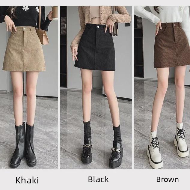 Trendy Women's Corduroy A-Line Mini Skirt - Slim Fit, Casual Hip-Wrapped Design.