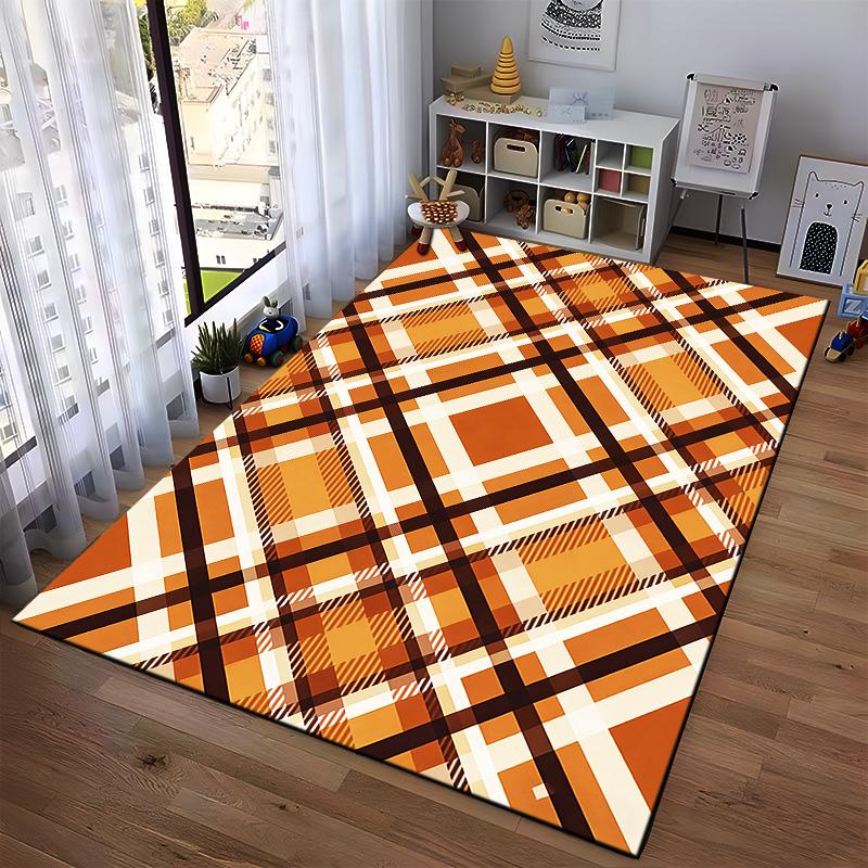 Modern Plaid Pattern Carpet In Brown and Orange, Minimalist Style Rug Suitable for Use As an Anti-slip for Living Room Bedroom Sofas