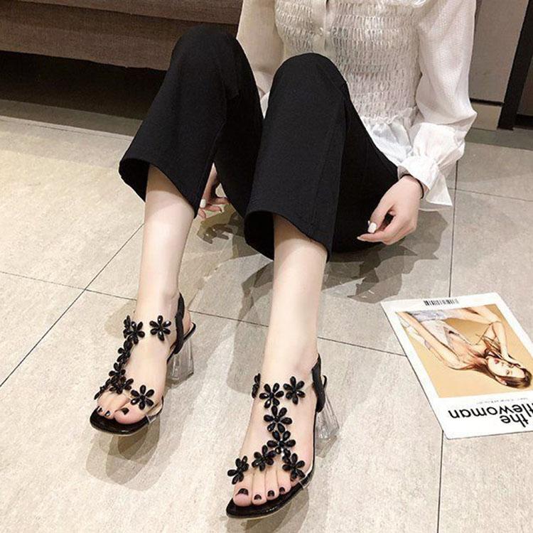 Rhinester Sandals Women's Shoes Summer Net Red Crystal Thick Heel Transparent Fairy Style High Heels Sandals