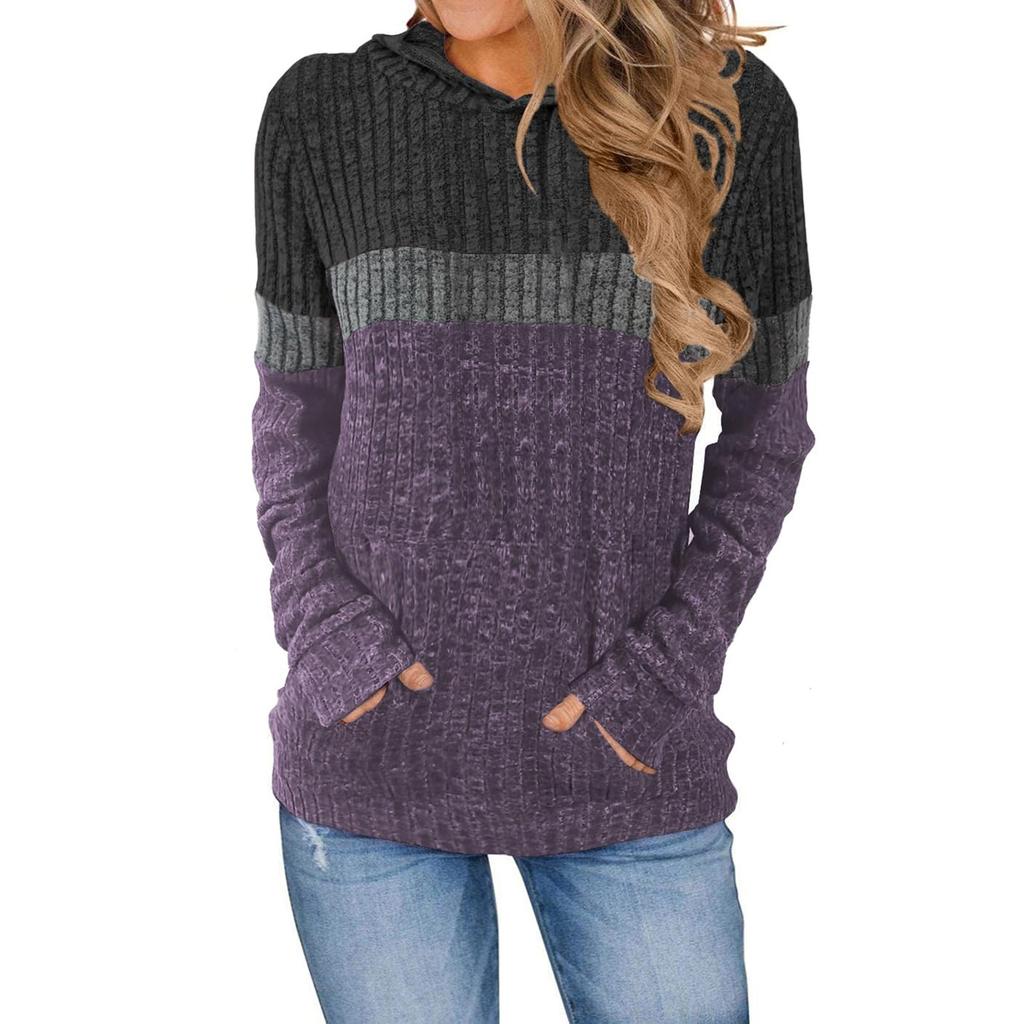 Women's Fashionable Casual Color Blocked Hooded Pocket Loose Long Sleeved Pullover Top