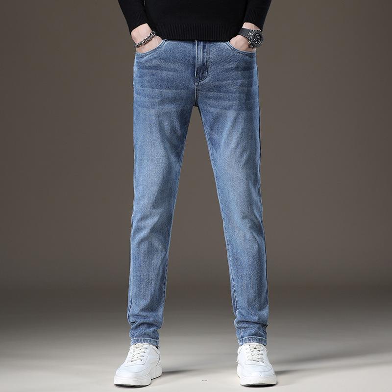 Spring And Autumn Winter Men'S Plush/Thin Jeans Versatile Outerwear Slim Straight Tube Trendy Brand High End Long Pants