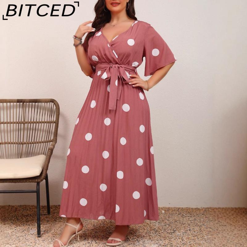

BITCED Fashion Large Polka Dot Print V-Neck Tie-Waist Pleated Full-Skirt Long Dress XXXXL арбуз красный