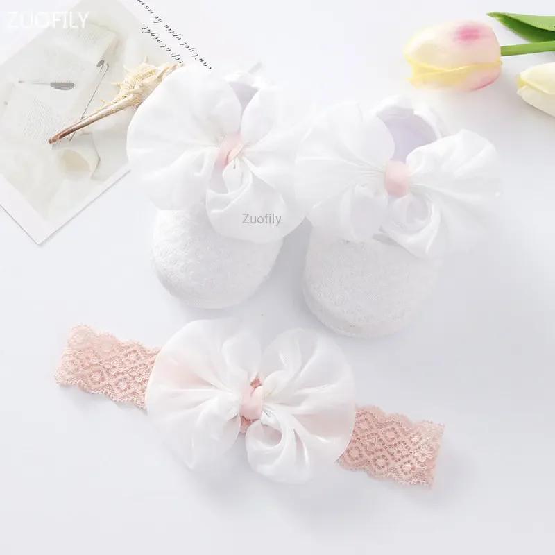 Spring Infant Baby Girl Shoes Newborn Lace Flowers Headband Anti-Slip Soft Sole First Walkers Toddler Kids Cotton Baptism Shoes