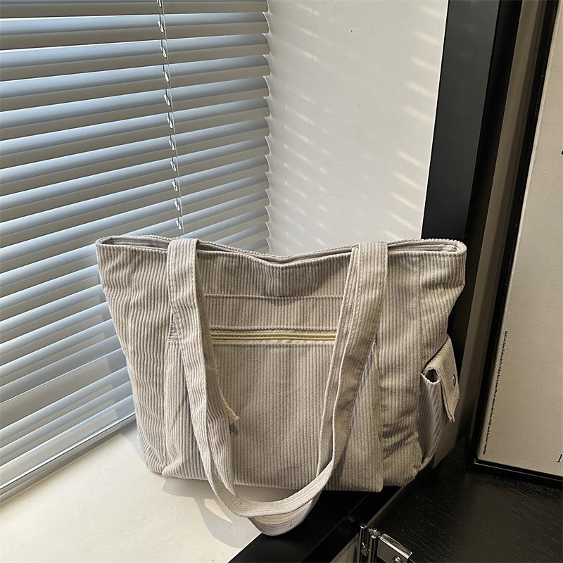Simple Solid Color Corduroy Shoulder Bags for Women Large Capacity Multi-Pocket Ladies Tote Bag Casual Portable Female Handbags