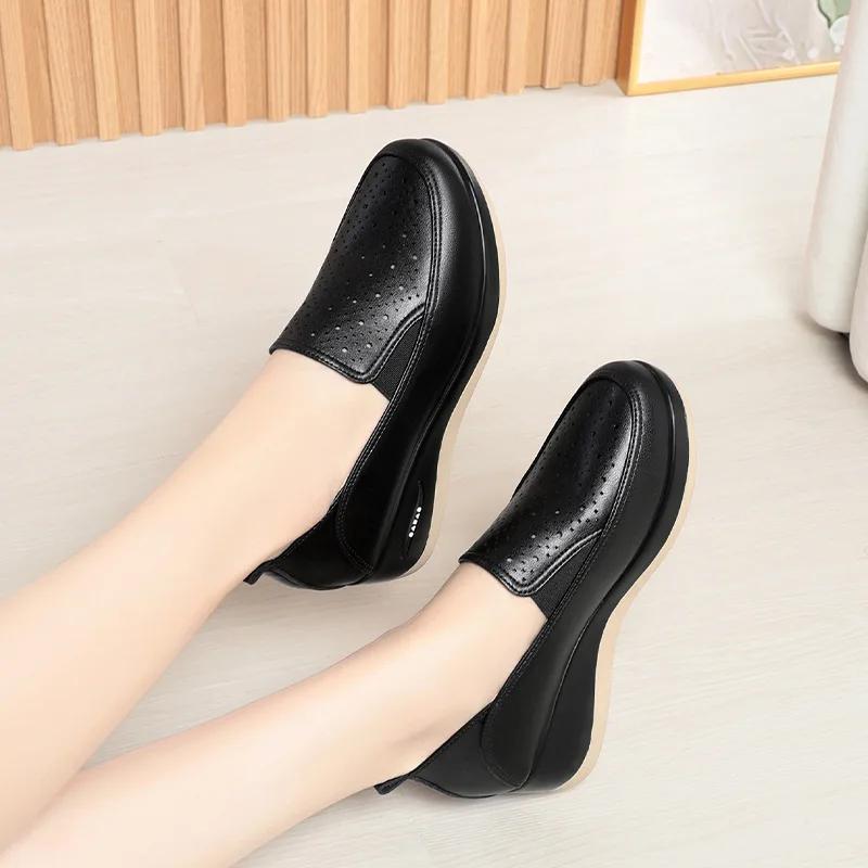 4.5cm Breathable Comfortable Shallow Cutout Soft Leather Shoes Women Loafers 2025 Summer Platform Wedges Shoes for Office Mom