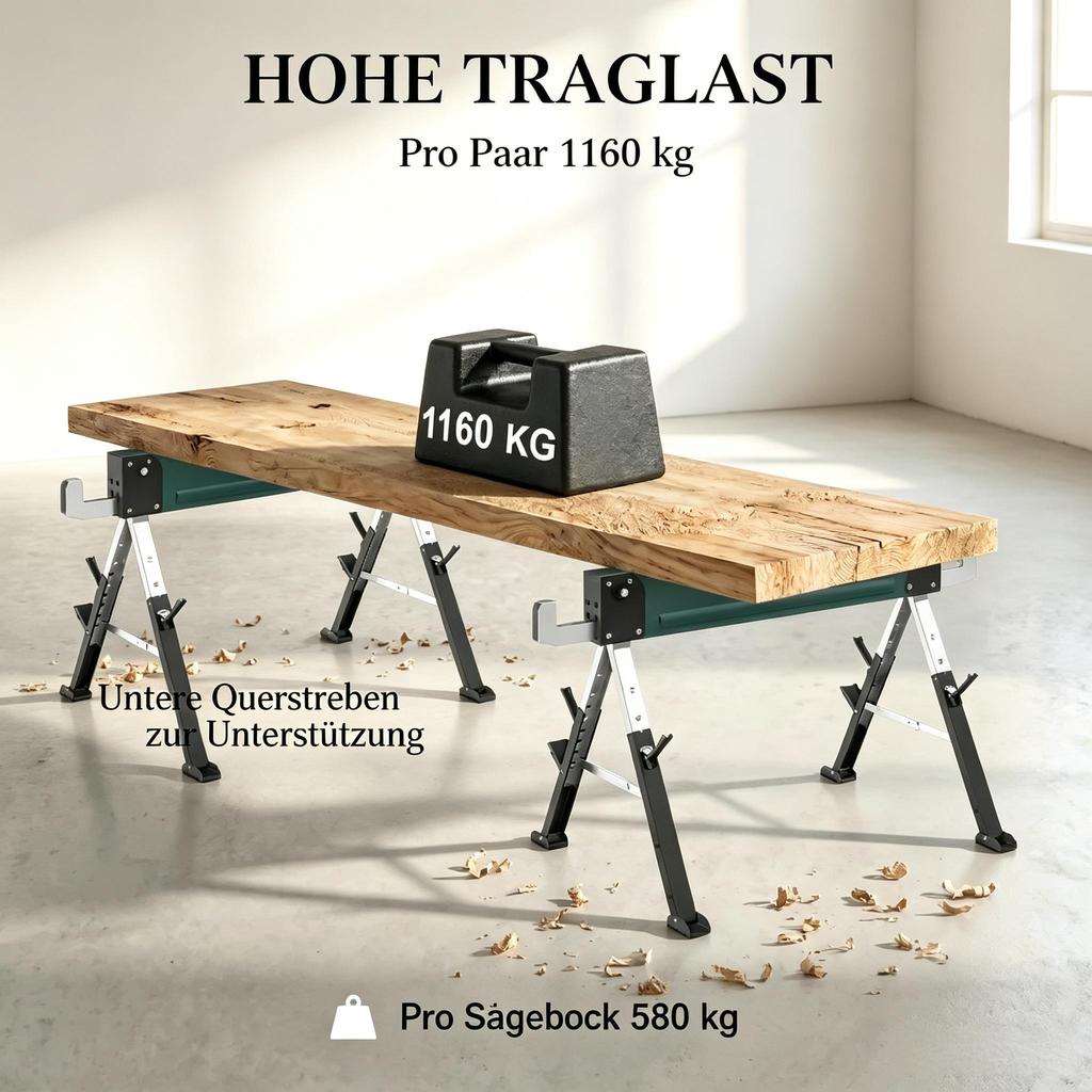 2 Foldable Metal Trestles As a Set, Max. Load 1160 Kg, Height-adjustable 64-81 Cm, Includes Carrying Handle