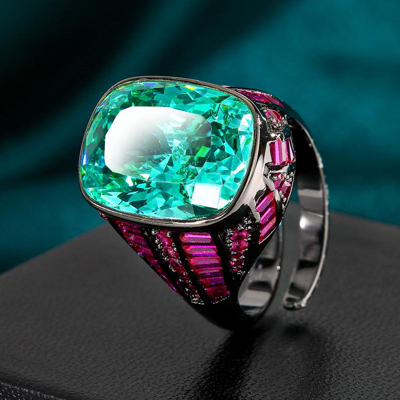 Jewelry Copper Bottom Gold-Plated Simulation Blue Spinel Black Gold Ancient Light Luxury Ring Women 12 * 16