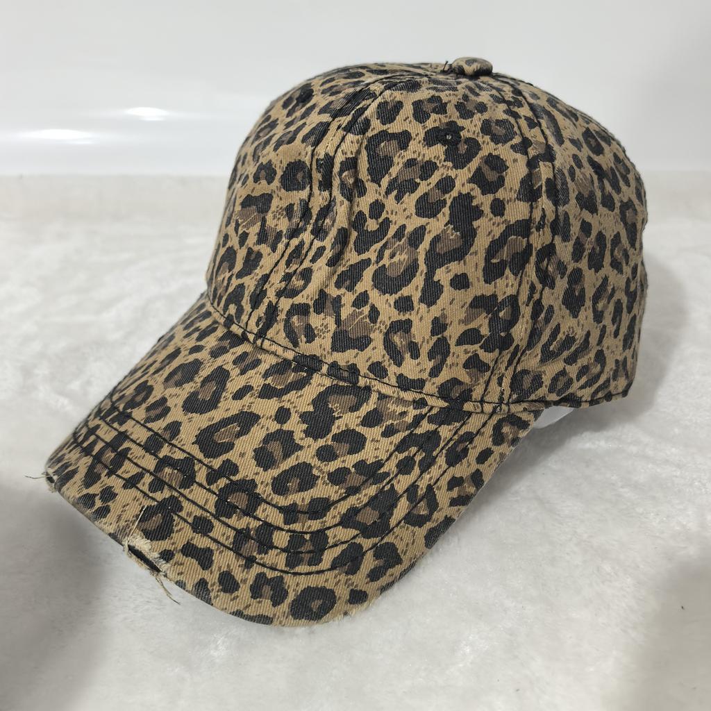 Vintage Washed Leopard Print Baseball Cap For Women Distressed Denim Sun Hat Adjustable Casual Streetwear Cap