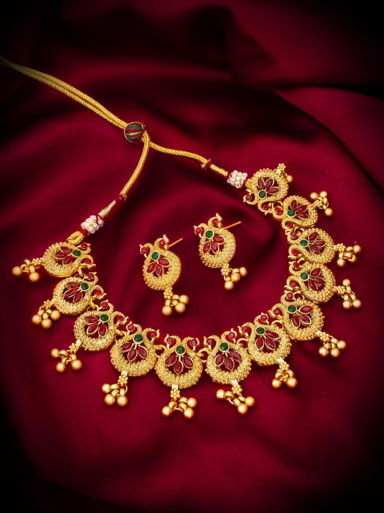 Gold-Plated Maroon Stone-Studded & Beaded Jewellery Set