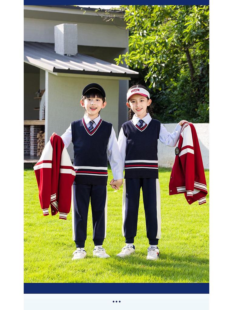 Spring-Autumn Academy-Style Navy Blue Kindergarten & Primary School Baseball Jacket Set