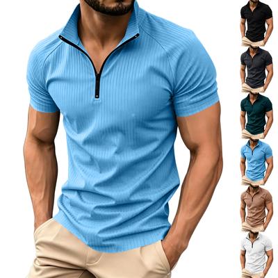 Men's Short Sleeve Ribbed Zip Collar Casual Top Comfortable Stretch Fabric Lightweight Pullover Shirt for Daily Wear