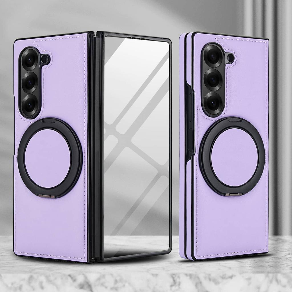 PU Leather Cases for Samsung Galaxy Z Fold 7/6/5/4/3 Built-in Screen Protector Cover Magnetic 360 Rotatable Ring Stand Holder