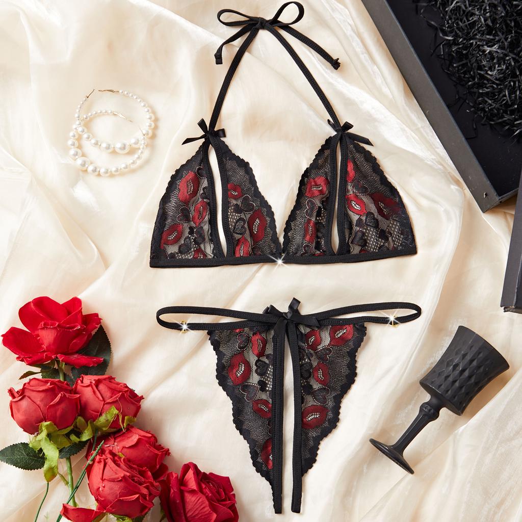 New Women Sexy Lingerie No-pad Wire Free Bra Panties Set Cute Bow Ultrathin Lace Underwear Erotic  Outfits For Pretty Girls