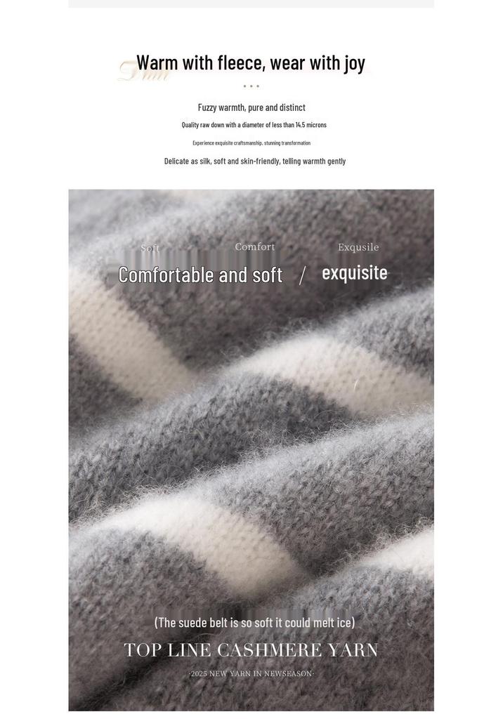 High-Neck Retro Black & White Striped Cashmere Sweater – Women's Long Sleeve Pullover for Autumn & Winter