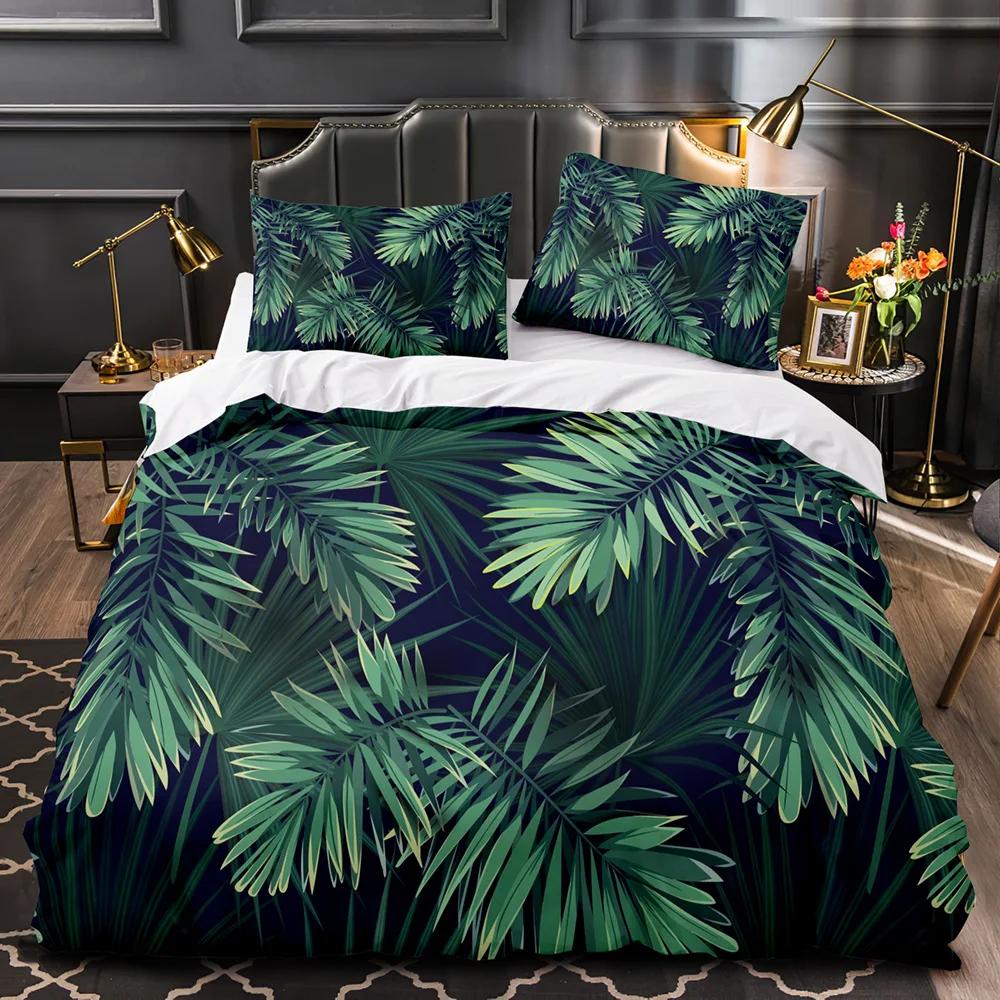 Tropical Plants Floral King Queen Duvet Cover Green Palm Leaves Bedding Set Cream-colored Flowers 2/3pcs Polyester Quilt Cover