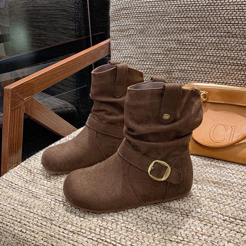 Western Cowboy Boots Martin Boots Women's Shoes Retro Suede Buckle 2025 New Autumn Design Pleated Small Short Boots