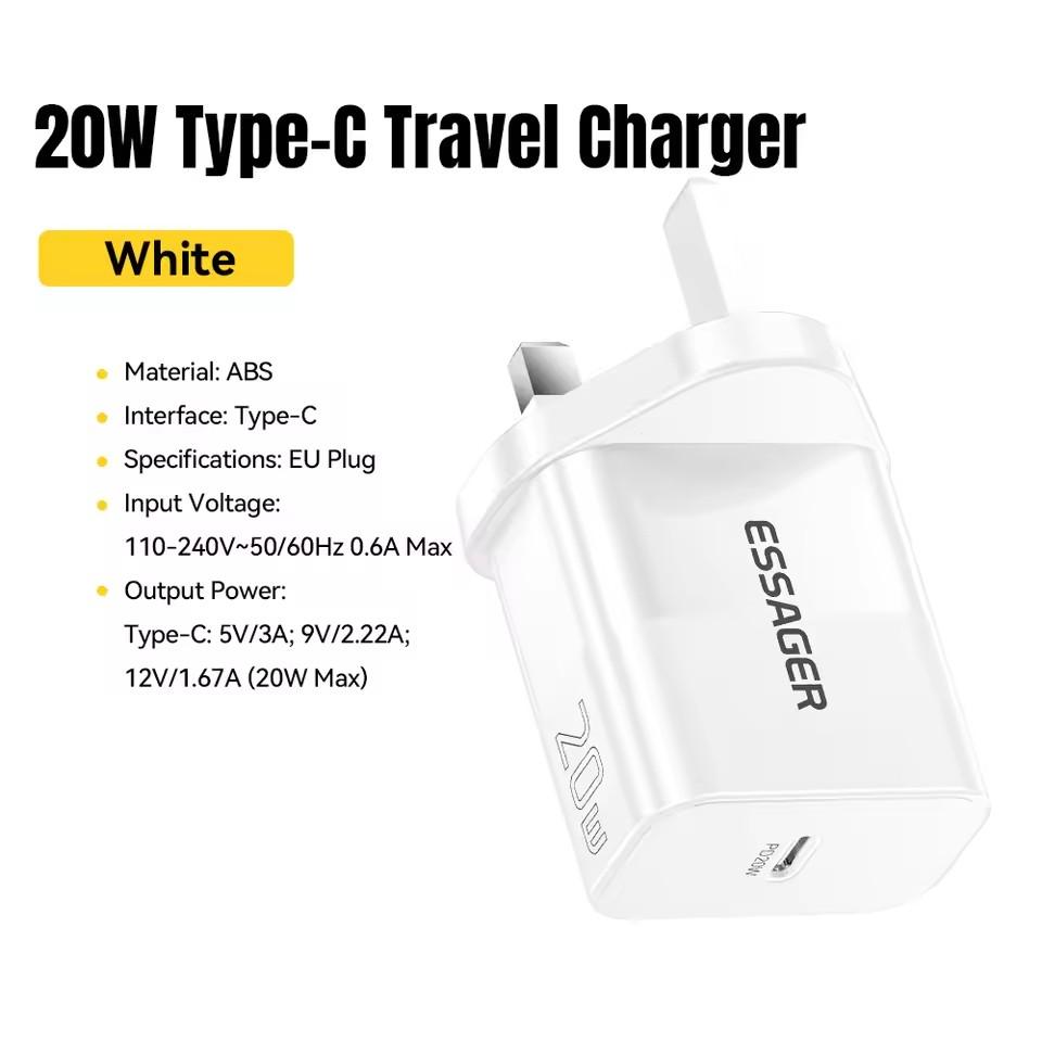 Essager 20W USB Type C GaN Charger Portable USB C Travel Charger Support Type C PD Fast Charging For Phone 16 15 14 13 Pro Max