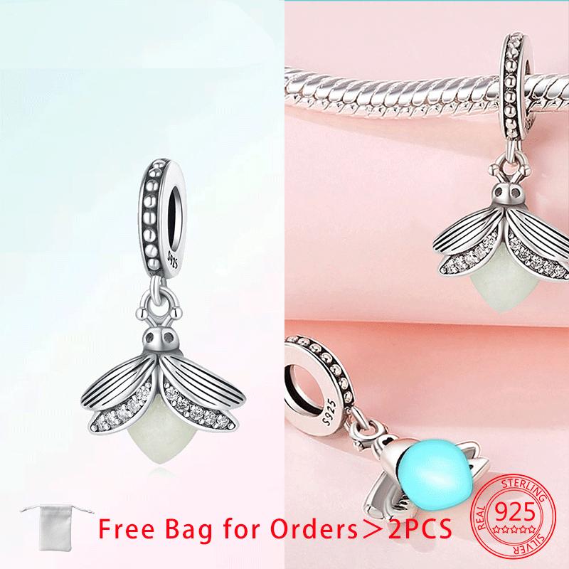 Original Copper Luminous Firefly Purple Zircon Firefly Heart-Love Charms Beads Pendant Fit Bracelet For Women Diy Gift