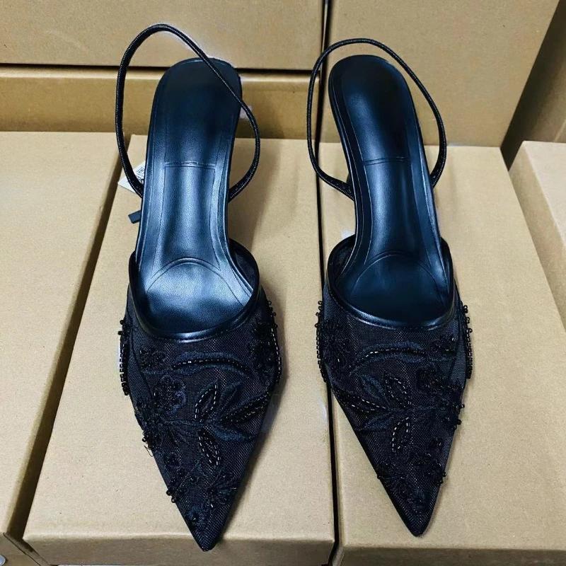 Ladies Flower Mesh Open Heel Sandals Shoes Sexy  High Heel Pointed Toe Stiletto Pumps Mules  women sandals