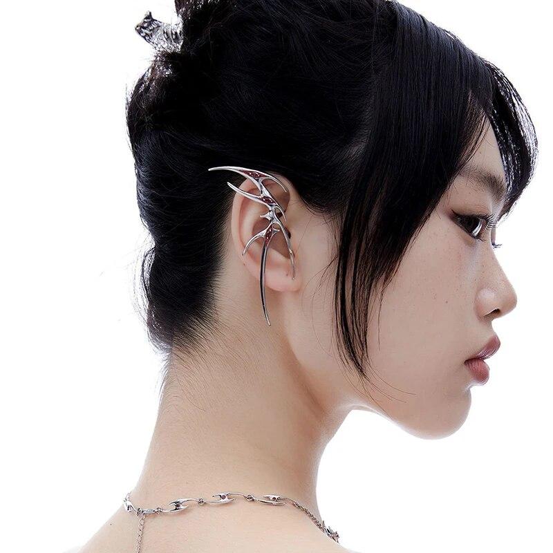 Gothic Punk Butterfly Ear Clip Women Fashion Red Rhinestones Elf Cosplay Earrings Party Jewelry Accessories Gift