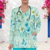 Dame Plus Size Langermet Legebluse Akvarell Blomstertrykt V-hals Sykepleieruniform Med Lommer For Helsepersonell