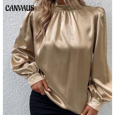 Damen Bluse mit Stehkragen, Laternenärmeln und langen Ärmeln